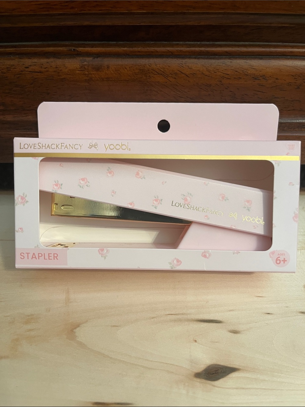 Love Shack Fancy Pink Floral Stapler with Gold Accents
